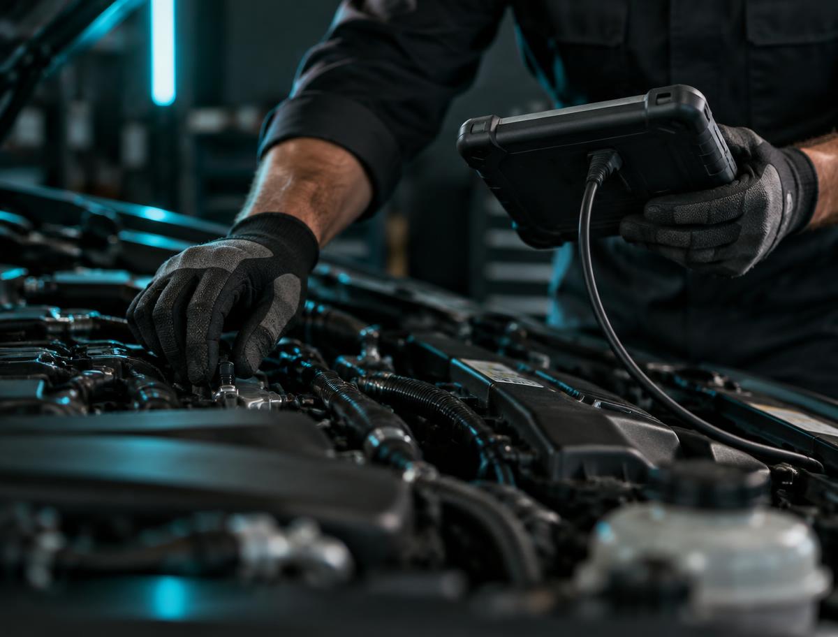 Mecânico realizando diagnóstico em motor de veículo